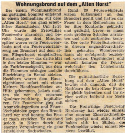 Der erste Brandeinsatz im Neubaugebiet "Alter Horst" am 30.01.1983
