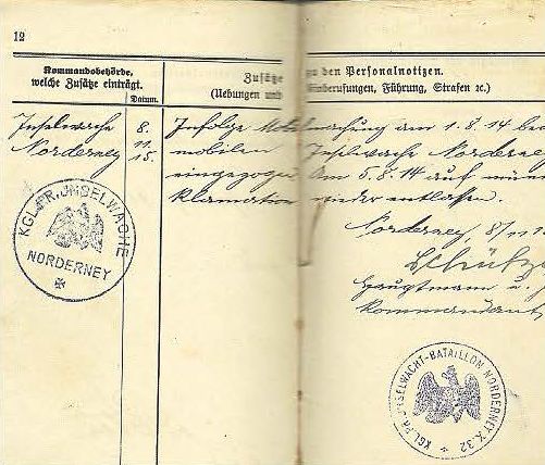 Militärpass Okko Fleetjer, Eintragung zur Mobilmachung 1. August 1914