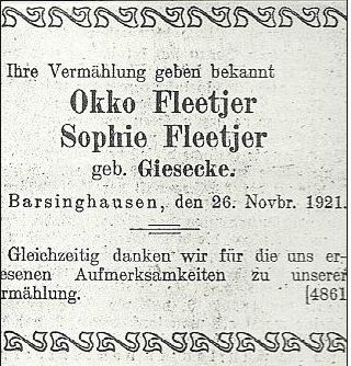 Hochzeitsanzeige in der Badezeitung vom 1. Dezember 1921.